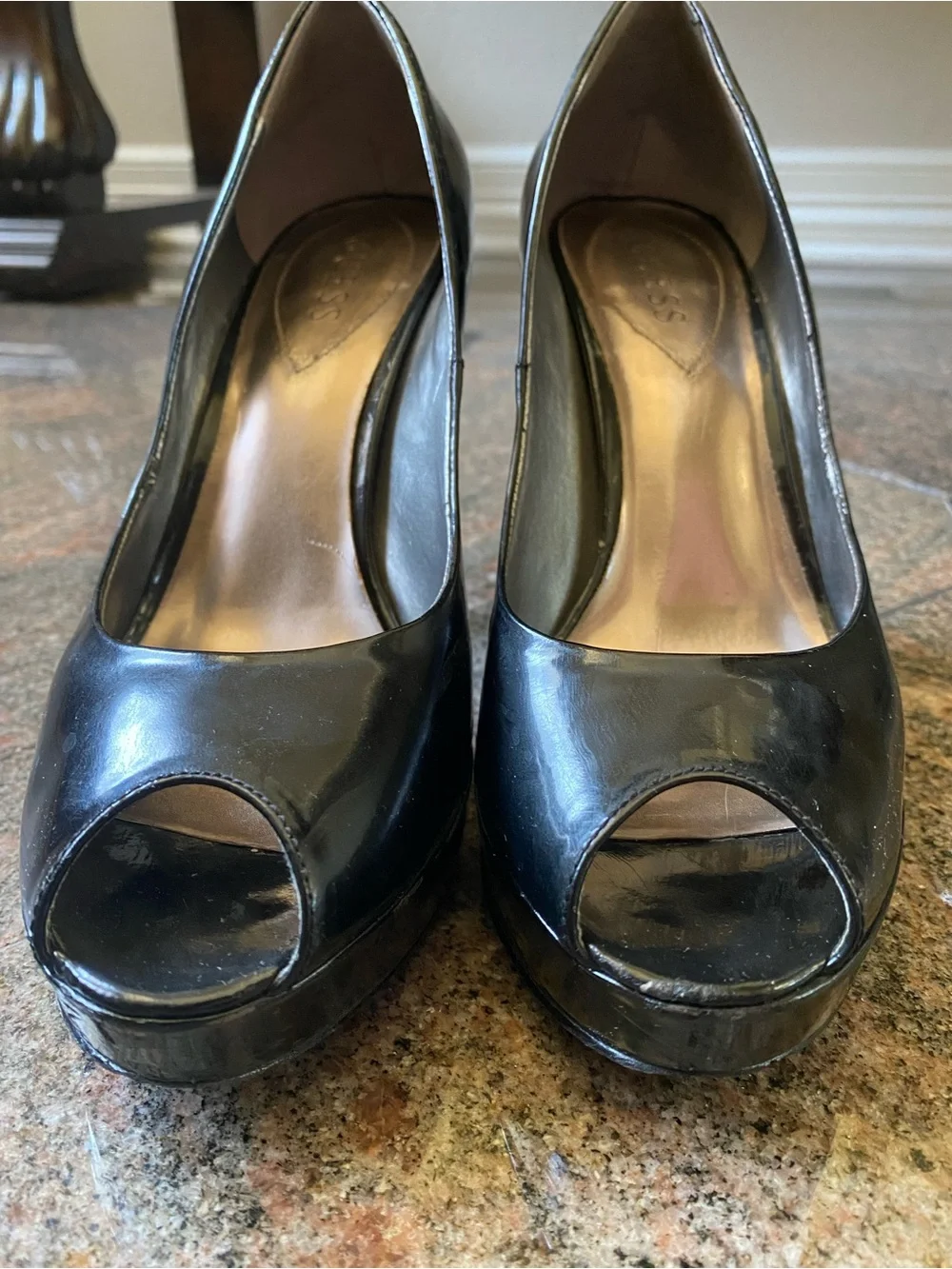 GUESS Black Patent Peep-Toe Pumps, Size 7